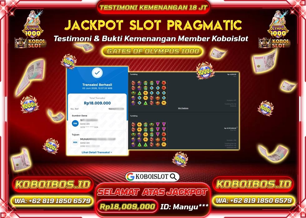 BUKTI KEMENANGAN Manyu*** SLOT GACOR GATES OF OLYMPUS 1000 Rp18.009.000,- LUNAS